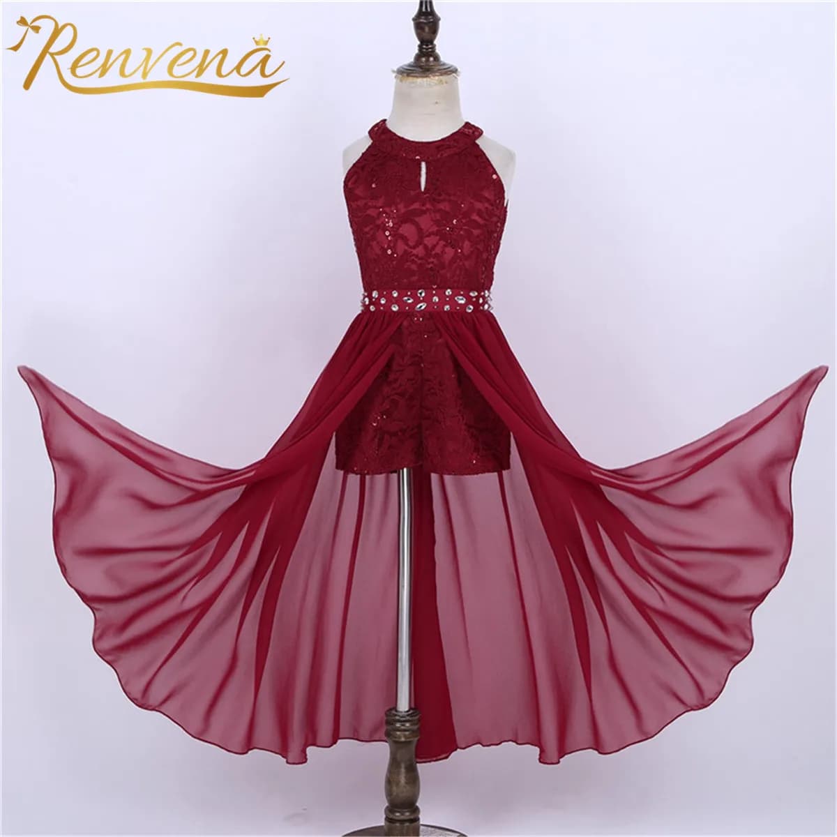 Robe longue sans manches pour filles, motif floral, dentelle et strass, tenue de danse pour enfants, robe d'été pour filles