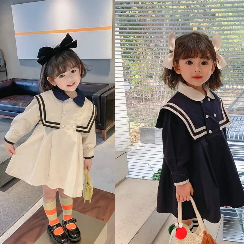 Robe d'École à Manches sulfpour Fille, Style Britannique, Col Marine, Petite et Mignonne, Vêtements pour Enfants, Printemps et Été