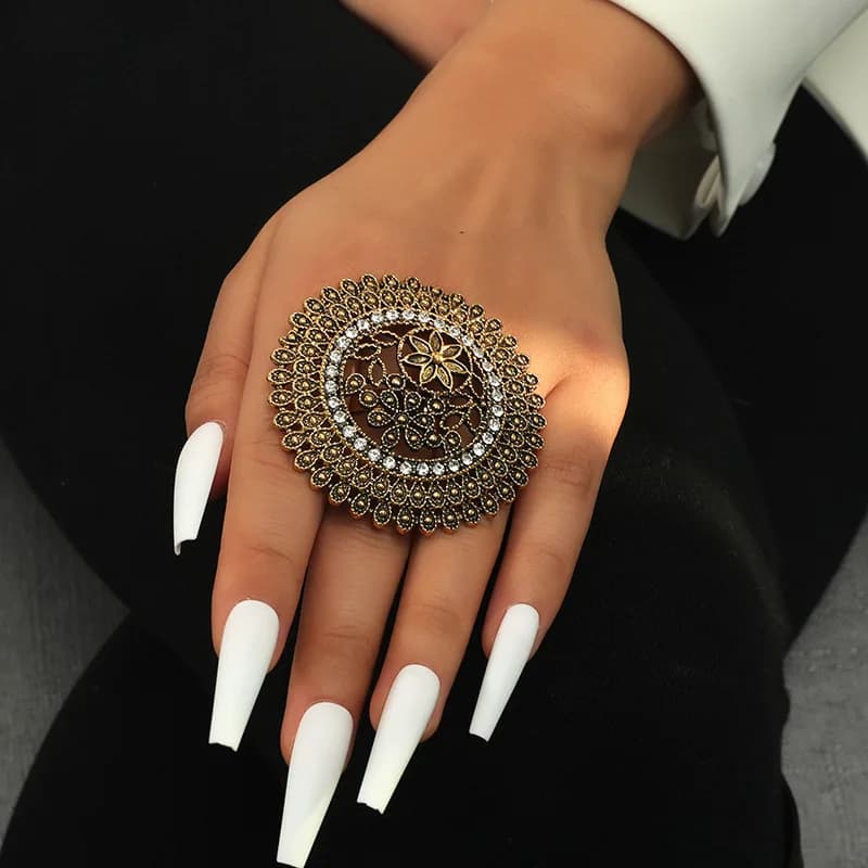 Bague rétro vintage en or avec grande fleur pour femme, bijoux en alliage creux ethnique antique turc, cadeau de mariage