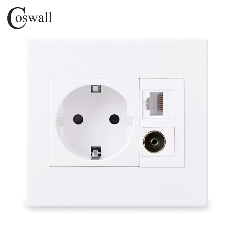 Coswall – prise de courant murale ue 16a, panneau PC, avec connecteur TV femelle + 8 cœurs CAT6 RJ45, prise de données Internet pour ordinateur
