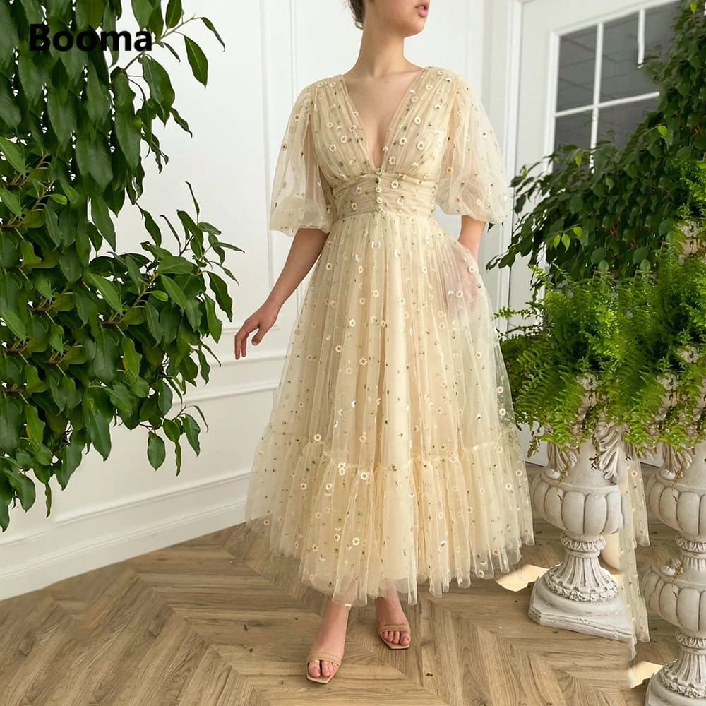 Booma-Robes de Rhmi-longues en tulle beige, col en V profond, manches mi-bouffantes, dentelle brodée, robes de soirée de mariage, quelle que soit la longueur du thé