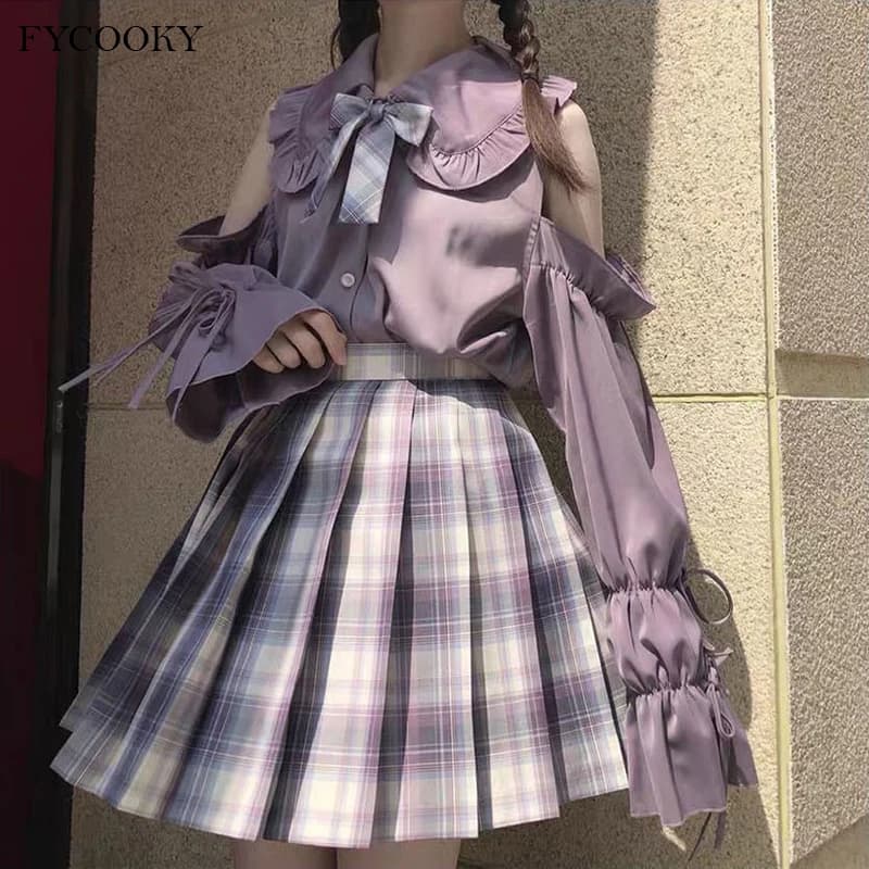 Chemises japonaises en mousseline de soie pour femmes, col de poupée Lolita, manches longues, chemise blanche, épaules dénudées, nouvelle collection 2025