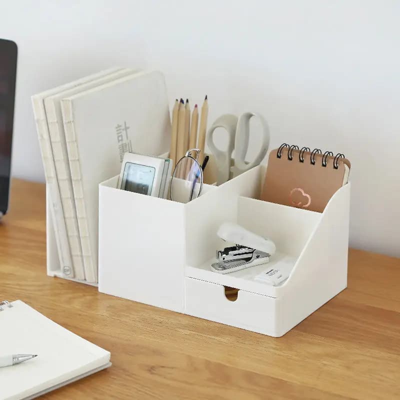 Porte-stylo de bureau de grande capacité avec tiroir et bibliothèque. Boîte de rangement de crayons, organisateur de bureau, papeterie scolaire et de bureau