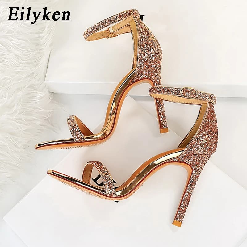 Eilyken argent Champagne Sexy talons hauts Peep Toe sandales femmes boucle sangle gladiateur Stiletto mariage Rin pierre chaussures