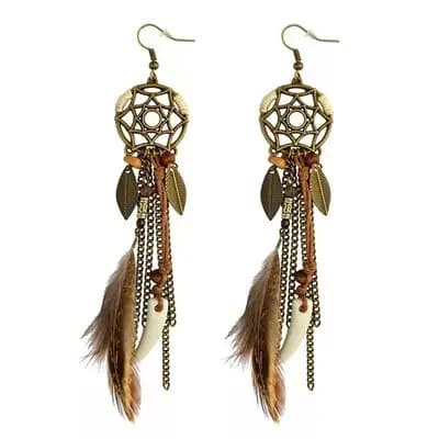 Rond rétro femmes capteur de rêves à la main longue gland plume boucles d'oreilles femme feuilles pendentif boucle d'oreille Kolczyki Boho bijoux
