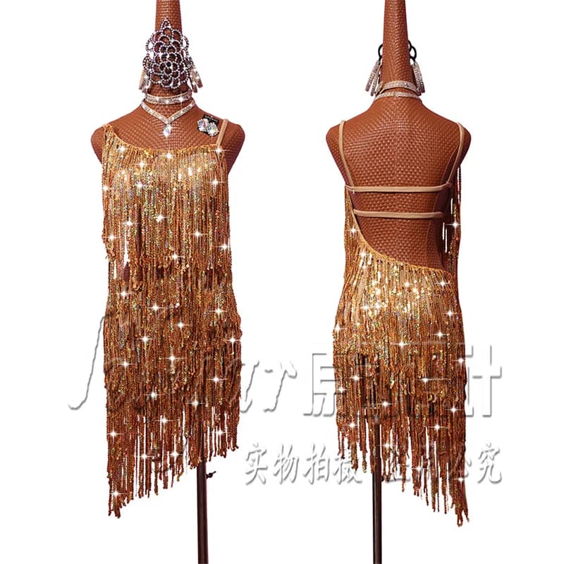 Robe de danse à paillettes pour adultes, concours de danse latine, personnalisée, dorée, dos nu, Sexy, nouvelle collection