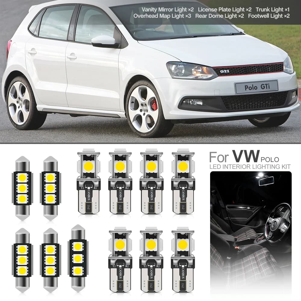 Pour 2009 2010 2011 2012-2017 VW Polo GTI MK5 6R 6C 61 Canbus Led Ampoule Intérieure Kit Dôme Blanc Carte Coffre Lampe de Plaque D'immatriculation