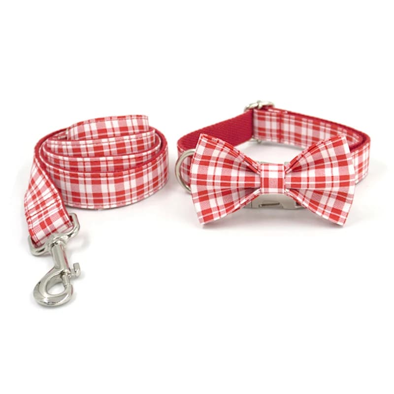 Collier et laisse pour chien avec nom personnalisé, ensemble de collier et laisse pour animaux de compagnie, à carreaux classiques, avec nœud papillon, pour petits et grands chiens