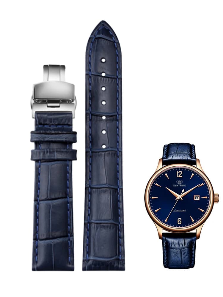 Bracelet en cuir véritable, couleur bleu foncé, fermoir papillon, bracelet de montre disponible en tailles 16mm, 18mm, 20mm, 21, 22mm, 23mm