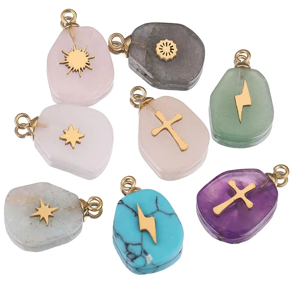 Breloques de créateur plaquées or en acier inoxydable, pierre naturelle, bracelet bricolage, boucle d'oreille et collier, bijoux exécutifs, 5 pièces par lot
