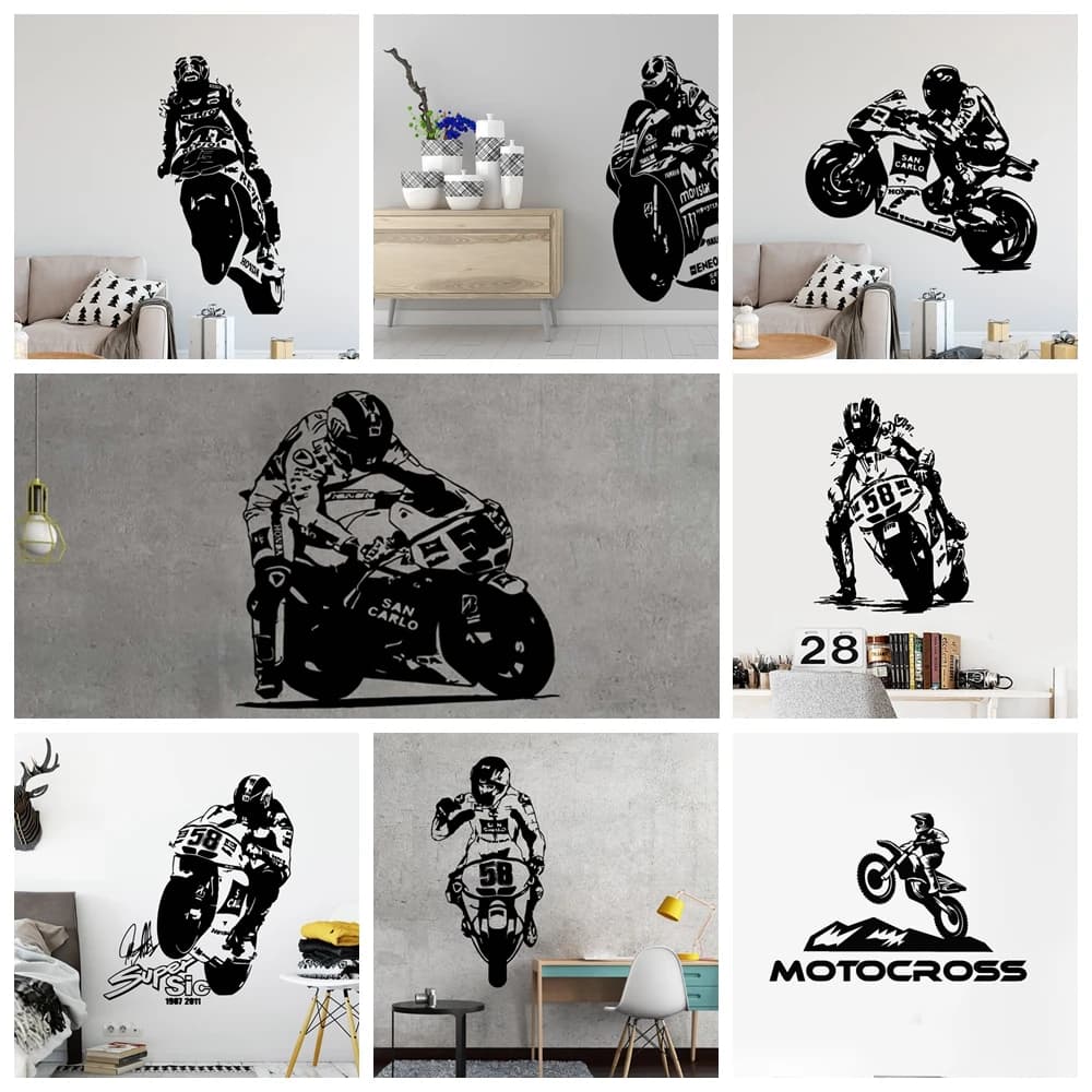 Grand autocollant mural de moto en vinyle, autocollant mural de conducteur de course GP pour garçons, chambre à coucher, Garage, salle de jeux, accessoires de décoration