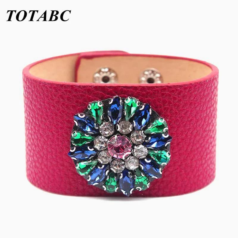 TOTABC Bracelet en cuir strass bijoux chaîne à main Simple tout-Match large Bracelet Femme nouveaux bijoux à main