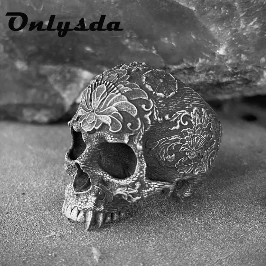 Bague Unique en acier inoxydable 316L pour hommes, couleur argent, crâne de sucre lourd, fleur de Mandala, bijoux de motard Santa Muerte