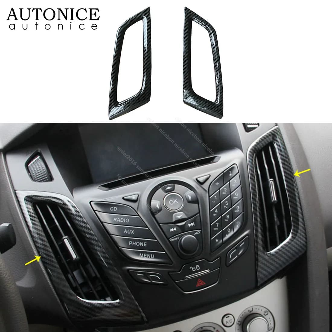Garniture d'évent de climatiseur en acier inoxydable, fibre de carbone, document intérieur, carte Prada, Ford Focus MK3 RS ST 2012-2014, 2 pièces