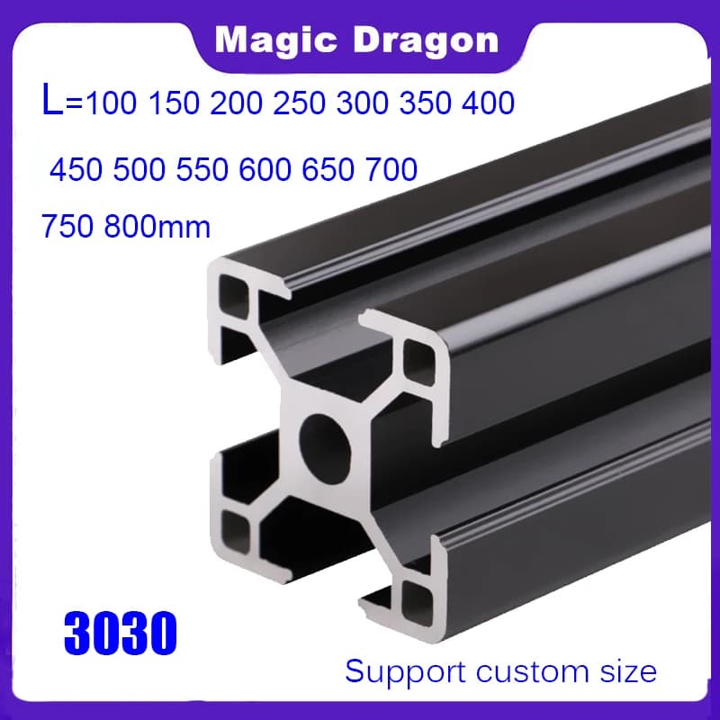 Profilé en aluminium anodisé noir 3030, norme européenne, longueur 100mm-1000mm, rail linéaire pour imprimante 3D CNC, 1 pièce