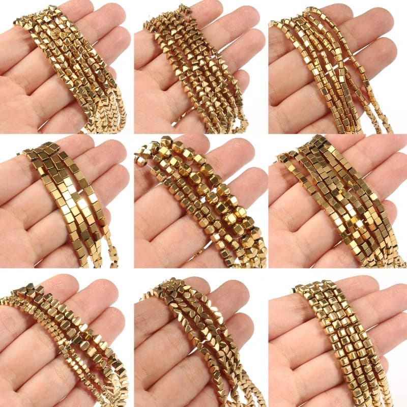 Perles d'hématite plaquées or AAA + rétention de couleur, pierre naturelle, Cube rond, perles d'espacement amples pour la fabrication de bijoux, Bracelet à bricoler soi-même, 15''