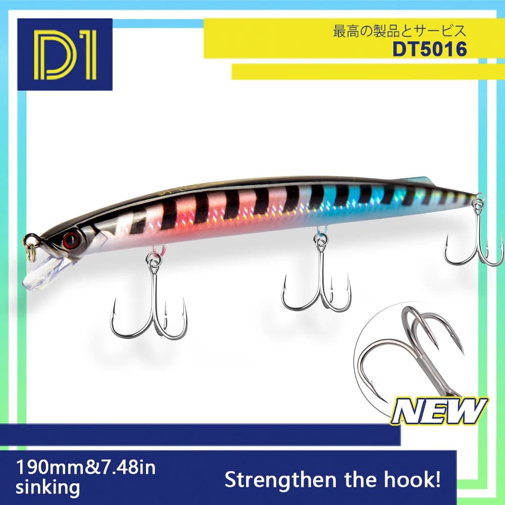 Leurre de pêche en mer D1, 190 mm, 36 g, pour la pêche à la traîne, profondeur de coulée 0,6-0,9 m, Jerkbait long, Wobblers pour eau salée, pour bar, thon, brochet
