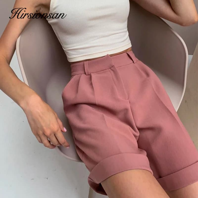 Hirsionsan-Short taille haute avec ceinture pour femme, pantalon doux, décontracté, élégant, poches, été, nouveau, 2023