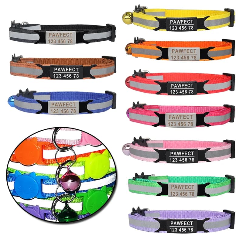 Collier réfléchissant réglable et personnalisé pour chat, accessoire de sécurité en nylon pour l'identification des chatons et des chiots, gravure gratuite