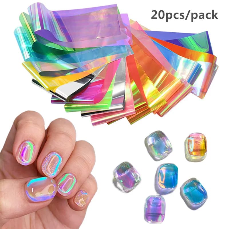 Feuilles de Film Aurora pour ongles, 20 feuilles, pour transfert de papier autocollant, curseur de glaçons, enveloppes de papier adhésives dégradées, décorations pour Nail Art