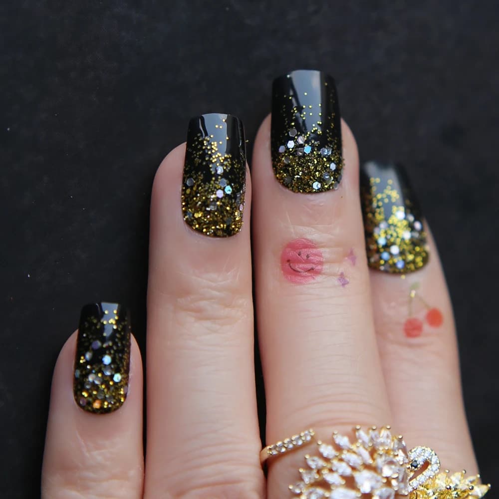 Faux ongles Ombre paillettes noir faux ongles Art doré paillettes carré gel faux ongles brillant