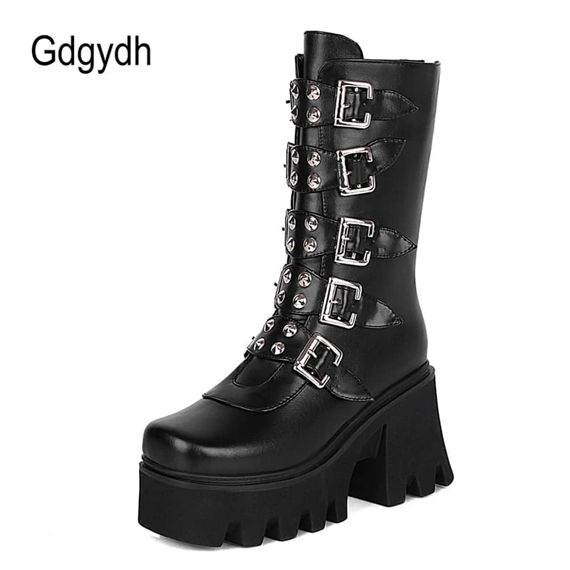 Gdgydh-Bottes à Plateforme Gothiques Punk pour Femme, Chaussures Noires avec Fermeture Éclair Militaire, Automne et Hiver