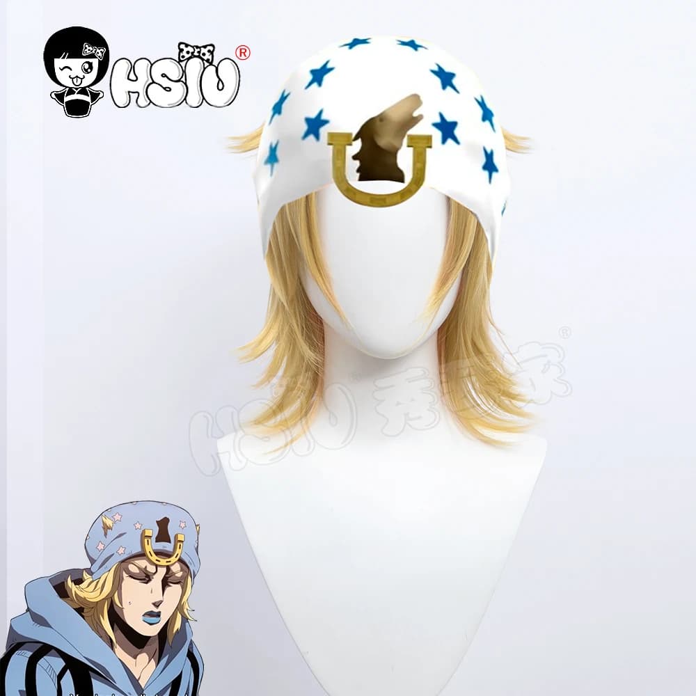 Perruque Johnny Joestar, perruque de cosplay JoJo Bizarre Adventure, perruque courte blonde synthétique de marque HSIU + bonnet de perruque gratuit