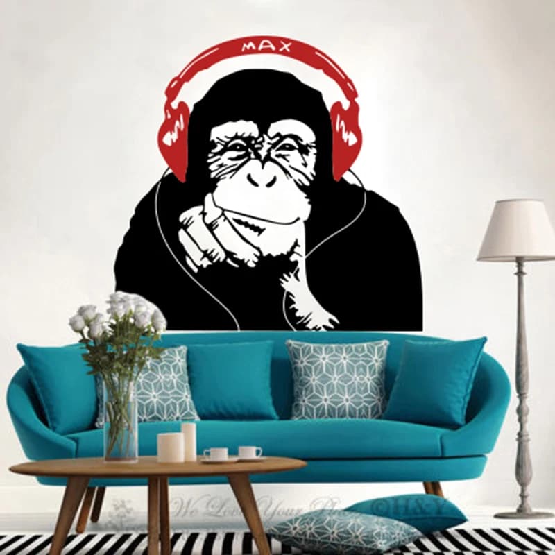Banksy gorille singe casque musique autocollant mural salon chambre d'enfants dessin animé Graffiti chimpanzé écouter écouteur autocollant mural