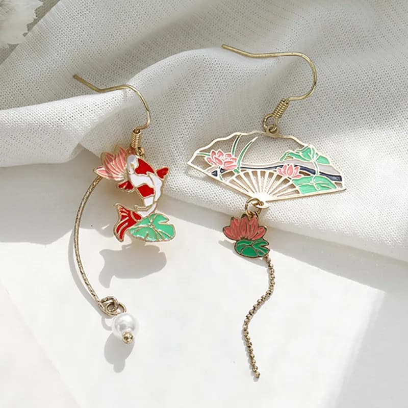 Style chinois pliant ventilateur grue carpe Lotus asymétrique Long gland balancent Style National boucles d'oreilles pour les femmes bijoux cadeau