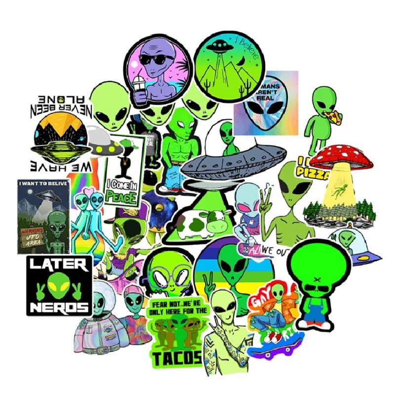 50 autocollants/paquet, motif extraterrestre vert aux grands yeux, E.T., pour ordinateur portable, tasse, autocollant imperméable, créature de l'espace, OVNI