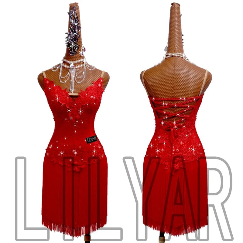 Robe de Concours de brevLatine pour Adulte, Tenue d'Entraînement, Brodée à Pompons Rouges, Personnalisée, Nouvelle Collection