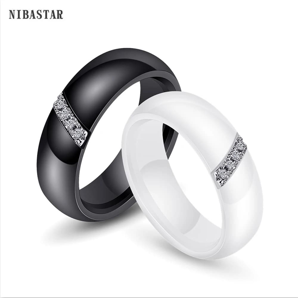 NIBASTAR mode 6mm noir blanc bague en céramique pour les femmes incrusté pierre cristal confort anneaux de mariage fiançailles marque bijoux