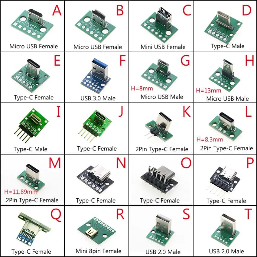1 pièce Carte de test de connecteurs de câble de données et de charge avec connecteur à broches 90 degrés Micro Mini USB Type C 2 broches USB 3.0 2.0 Femelle Mâle