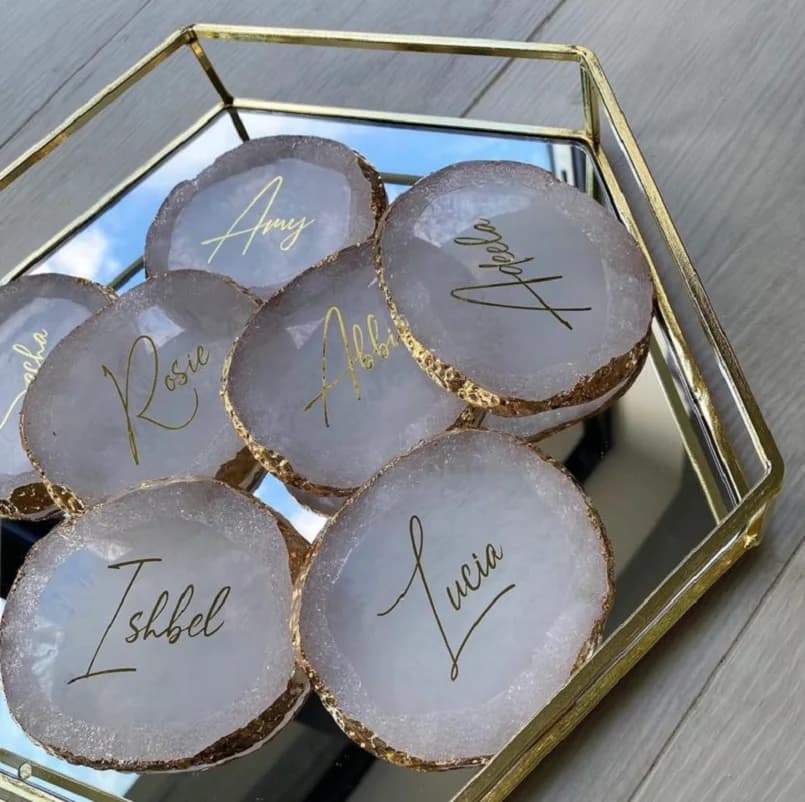 Sous-verres en Agate personnalisés, assiette à bijoux, plaque à ongles personnalisée, porte-anneau en acrylique, cadeau de demoiselle d'honneur, enterrement de vie de jeune fille, réception nuptiale