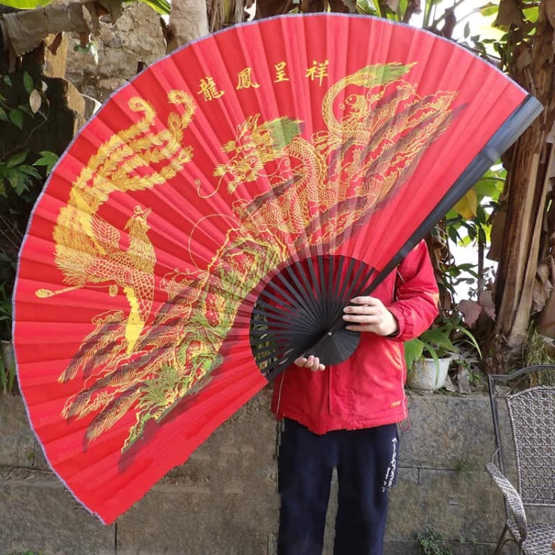 Grand ventilateur décoratif rouge, grille pliante surdimensionnée, dragon chinois et phénix GérClassical, support mural, cadeau dermatologique