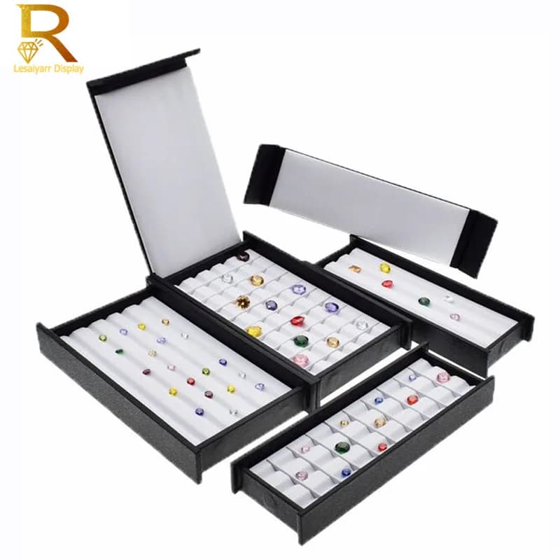 Présentoir en cuir et diamant de qualité supérieure, boîte avec couvercle magnétique, rangement de pierres, perles, support de bijoux, étui de rangement de gemmes, noir