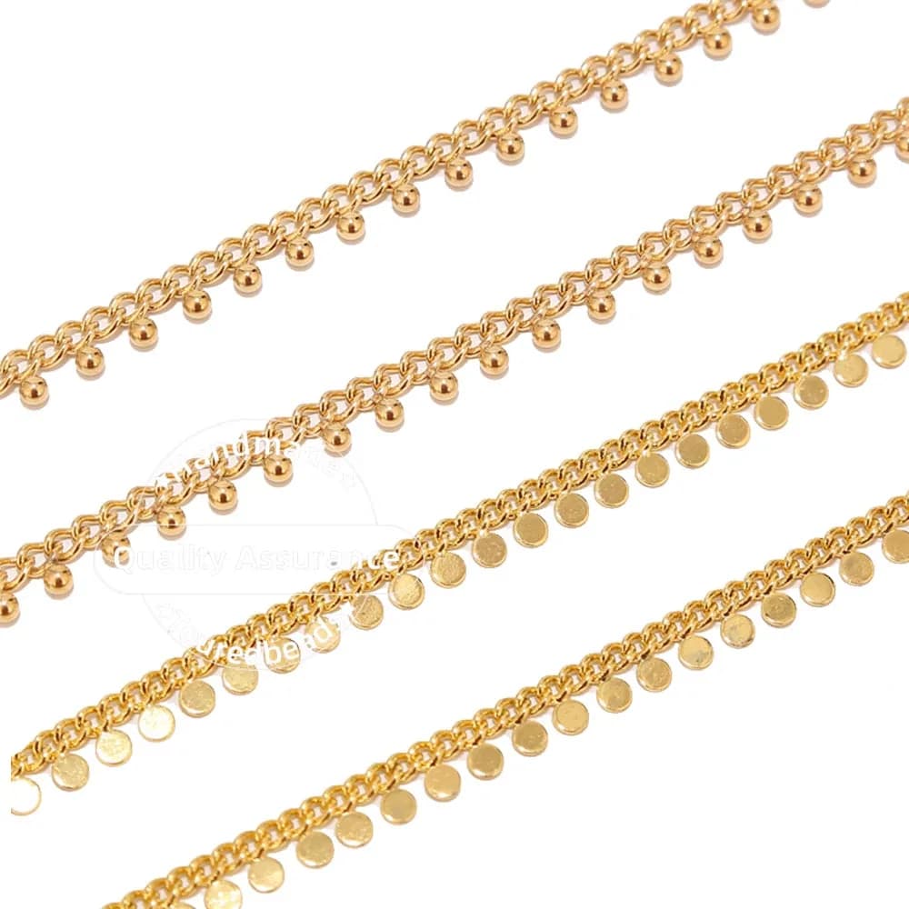 Chaînes à maillons dorés en acier inoxydable de 1 mètre, avec disque de goutte, chaîne perlée faite à la main pour bricolage, fournitures de colliers et de bijoux