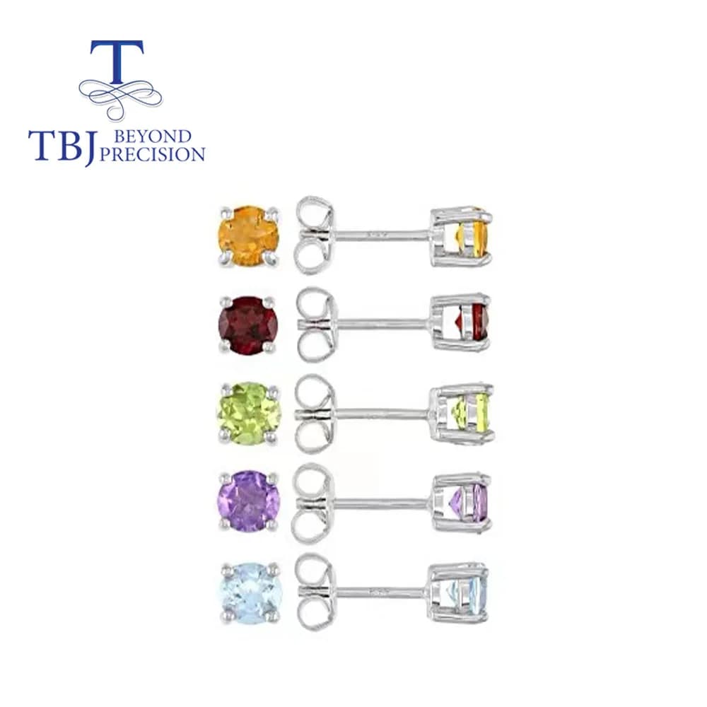 Tbj – boucles d'oreilles rondes en pierre précieuse, bijoux fins en argent sterling 925, 6mm, 2ct, citrine topaze naturelle, péridot, améthyste, grenat, cadeau
