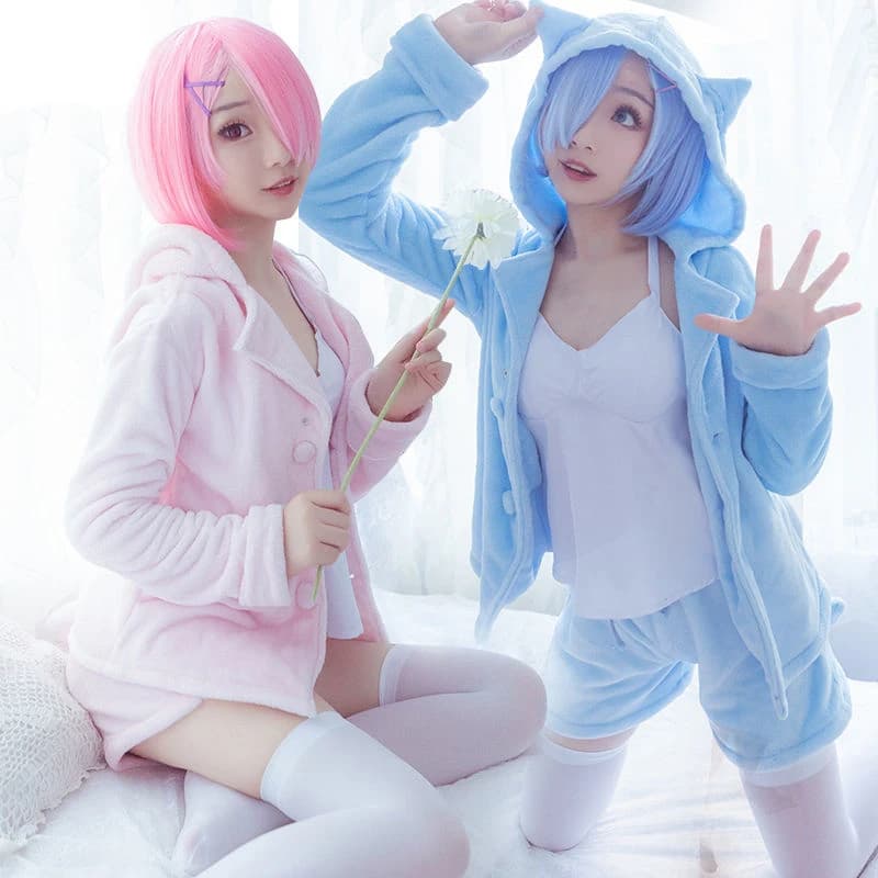 Cosplay Re: la vie dans un monde différent de zéro Cosplay Rem Ram Sexy chat oreille Ver Costume femmes Anime Re zéro pyjama perruque