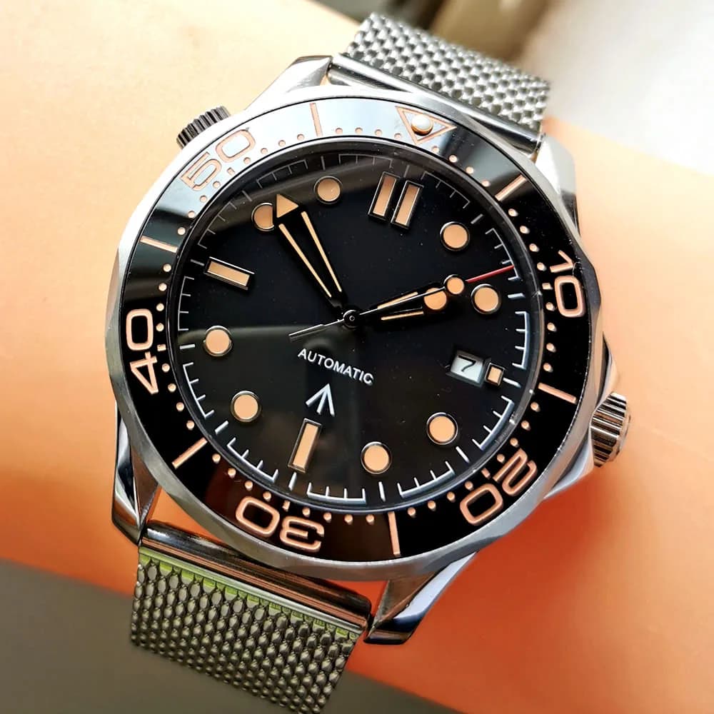 MINGZHU2813-Montre existent pour Homme, Cadran Noir, Bracelet en Maille, Verre Saphir, Indicateur de Date, Marqueurs Orange, PT5000 NH35 MIYOTA8gem, 41mm