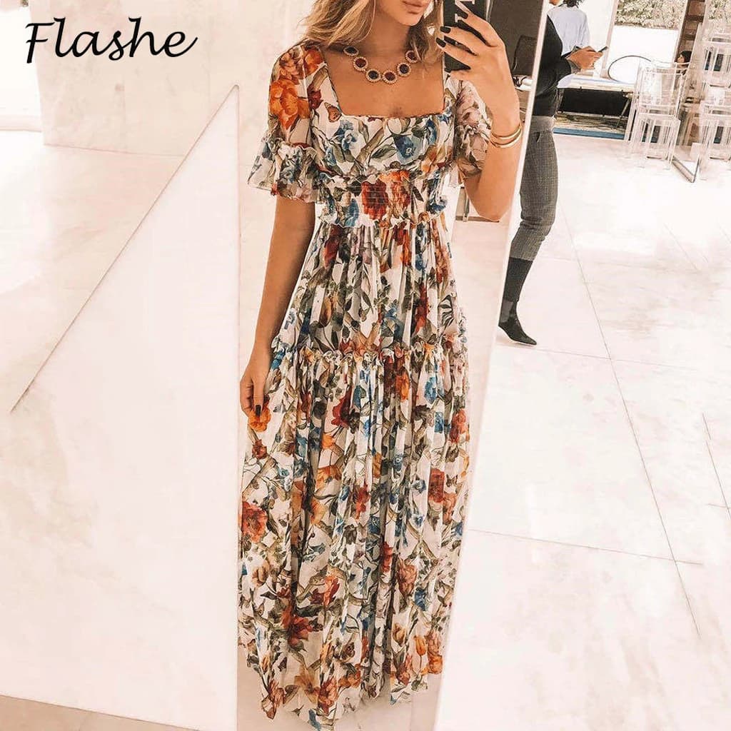 Robe de plage à manches courtes pour femmes, décontractée, col carré, taille élastique, taille haute, imprimé floral bohème, maxi, grande taille, été