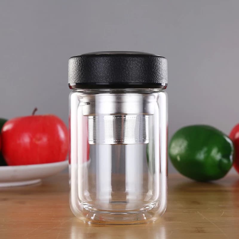Bouteille de thé d'eau en verre à Double paroi de 250ML, avec infuseur en acier inoxydable, filtre, passoire, tasse à boire Portable de voyage