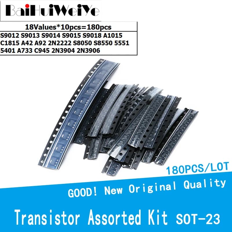 Kit de ul SMD SOT23, 18 valeurs, S9013, S9014, S9015, S9018, A1015, C1815, A42, A92, 2N2222, S8050, S8550, MMBT3904, MMBT3906, lot de 180 pièces