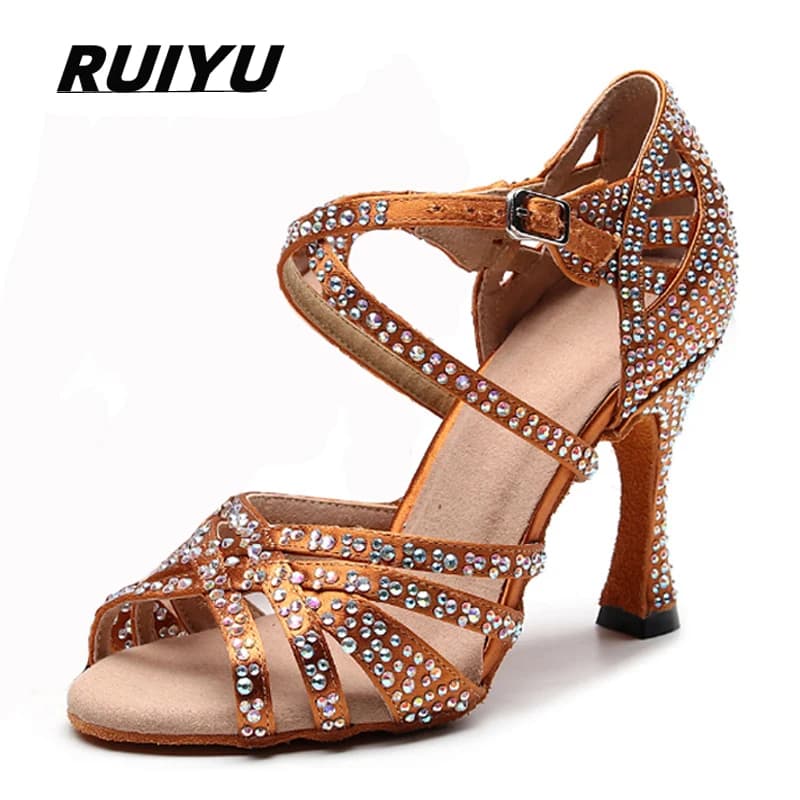 Chaussures de danse latine dames salsa tango baskets de danse filles sandales à talons hauts chaussures de danse carrées d'été strass en satin noir marron Livraison gratuite
