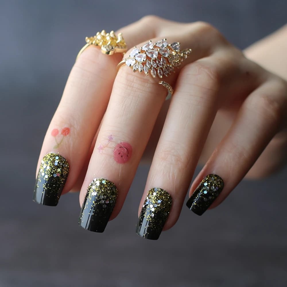 Faux ongles Ombre paillettes noir faux ongles Art doré paillettes carré gel faux ongles brillant