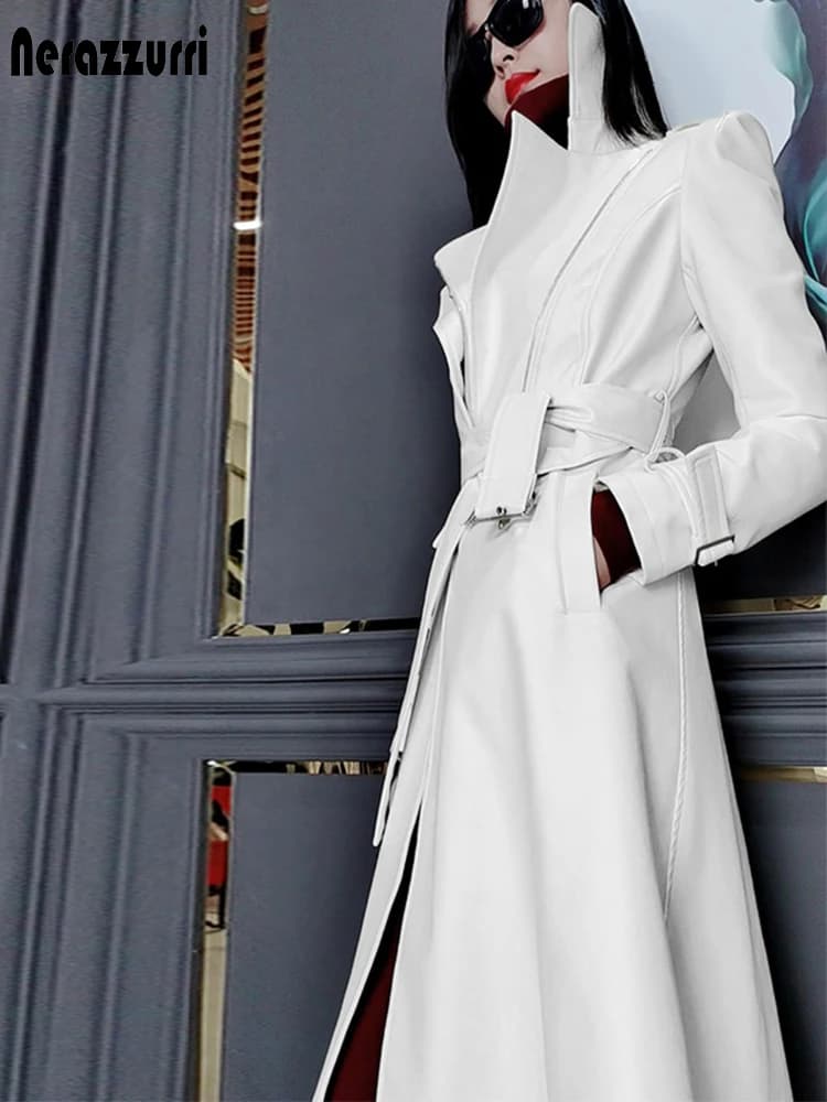 Nerazzurri – Trench-Coat long en cuir blanc pour femmes, manches longues, élégant, mode de luxe, manteaux pour femmes, créateur 2021