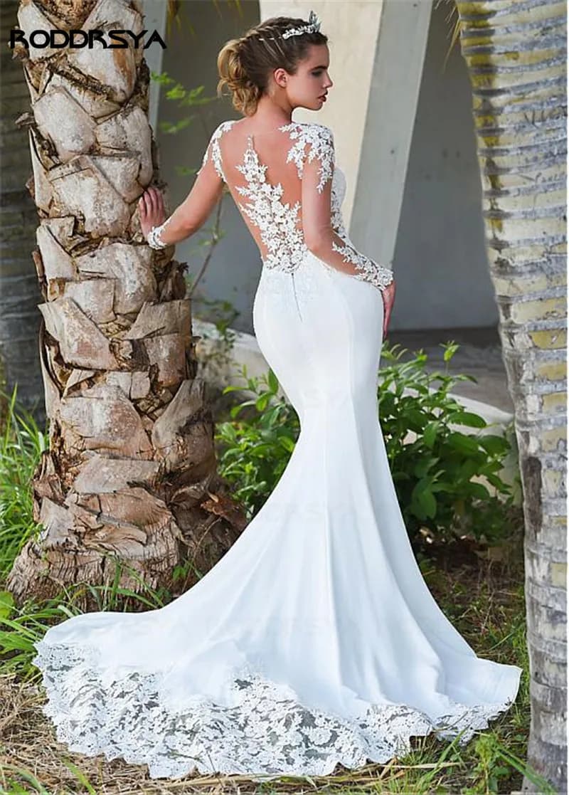 RODDRSYA à manches longues autocollants de dentelle transparente sirène robe de mariée robe de mariée à l'arrière avec bRODDRSYA-Robe de Mariée Sirène en Dentelle Transparente à Manches sulf, avec