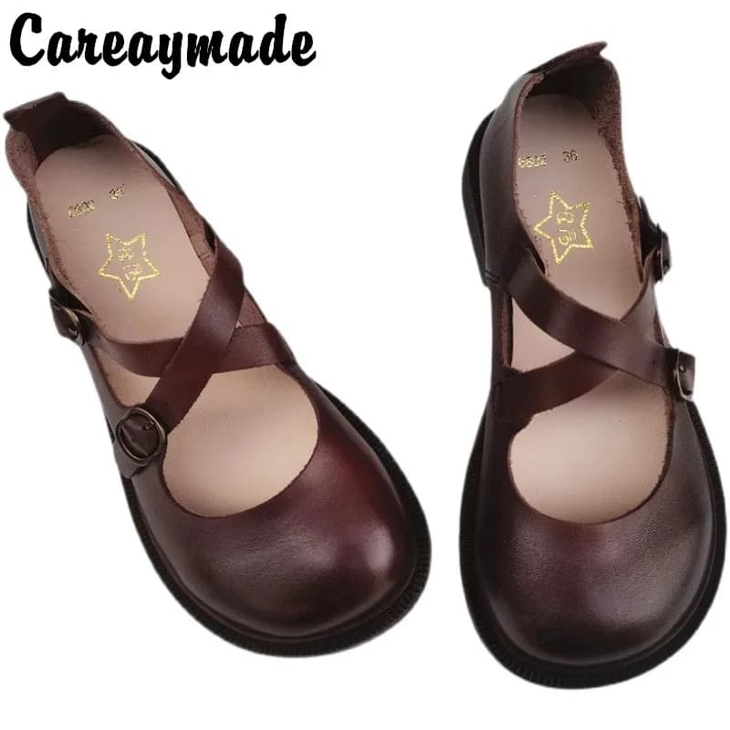 Careaymade-Grandes chaussures en cuir véritable pour femmes, art de la littérature rétro, chaussures simples originales, respirantes, plates et souples, édition large