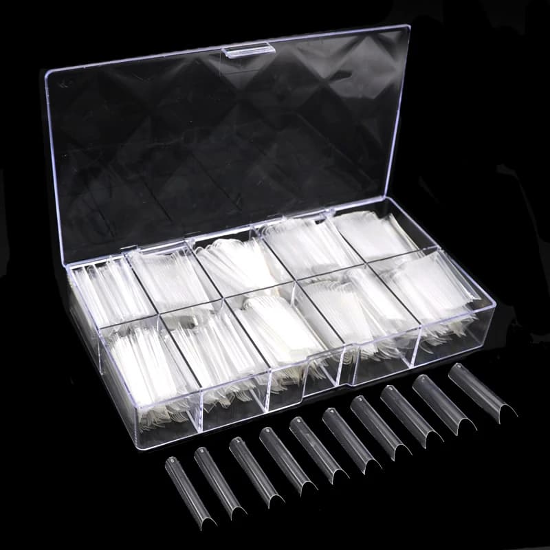 500+100 pièces de capsules d'ongles XXL forme cercueil courbe C longues, demi-couverture, pour ongles en acrylique, fournitures de salon, système d'extension, outil d'art