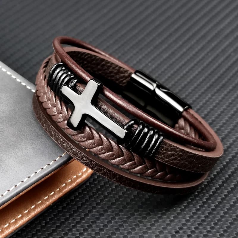 Breloque acier inoxydable cuir croix marron/noir Bracelet hommes Hiphop bijoux fermoir magnétique multicouche mâle manchette Wrap Bracelet cadeau